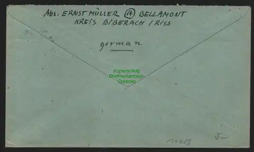 B10489 Brief BAZ Gebühr bezahlt 1946 Unterpfaffenhofen nach Bellamont Bieberach