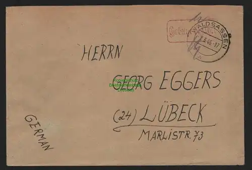 B10491 Brief BAZ Gebühr bezahlt 1946 Waldsassen nach Lübeck