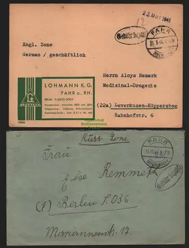 B10507 Brief / Karte BAZ Gebühr bezahlt 1946 Fahr nach Berlin bzw. Leverkusen