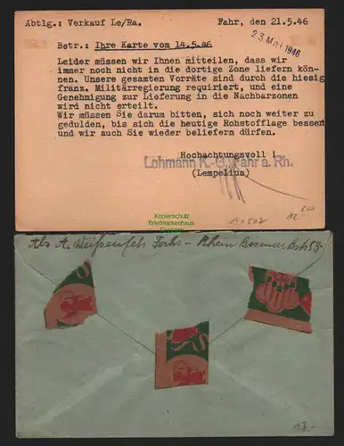 B10507 Brief / Karte BAZ Gebühr bezahlt 1946 Fahr nach Berlin bzw. Leverkusen