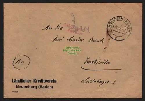 B10462 Brief BAZ Gebühr bezahlt 1945 Müllheim Baden Neuenburg nach Karlsruhe