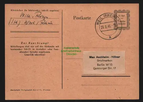B10309 BAZ Notganzsache 1946 Weil Rhein nach Berlin