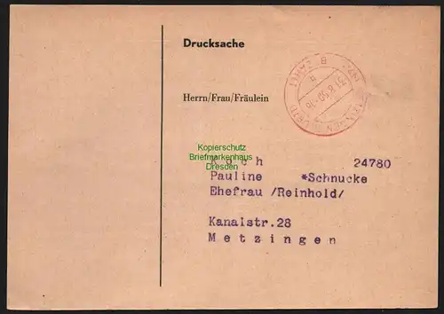 B10354 Postkarte Metzingen Württ Drucksache Gebühr bezahlt 1945 Bürgermeisteramt