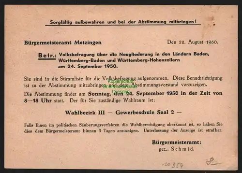 B10354 Postkarte Metzingen Württ Drucksache Gebühr bezahlt 1945 Bürgermeisteramt