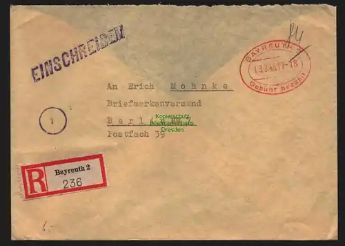 B10320 Brief BAZ Einschreiben Gebühr bezahlt 1946 Bayreuth 2 nach Berlin  NW7