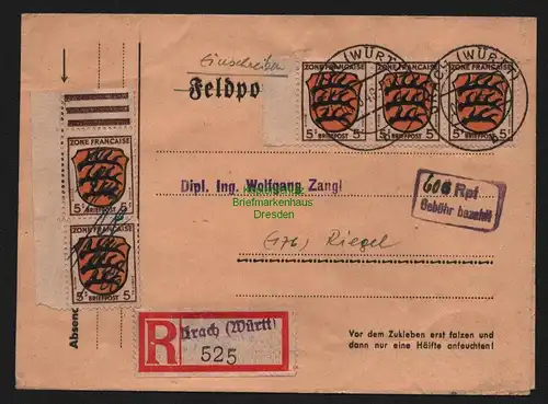 B10317 Brief franz. Zone Gebühr bezahlt Urach 1945 Einschreiben Postleitzahlen