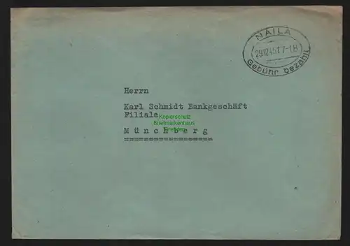 B10329 Brief BAZ Gebühr bezahlt 1945 Naila nach München