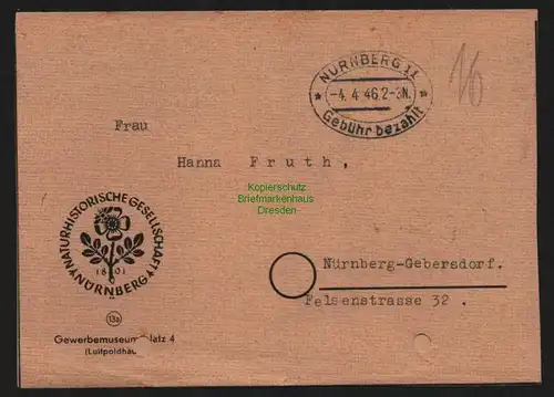 B10330 Faltbrief BAZ Gebühr bezahlt 1946 Nürnberg nach N.-Gebersdorf