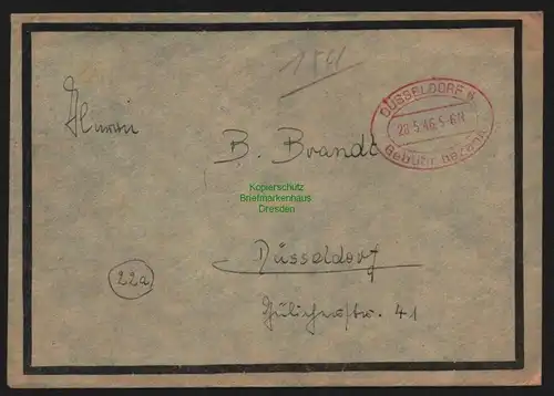 B10322 Brief BAZ Gebühr bezahlt 1946 Düsseldorf Ortsbrief