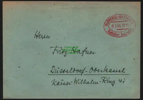 B10339 Brief BAZ Gebühr bezahlt 1946 Wuppertal Barmen nach Düsseldorf Oberkassel