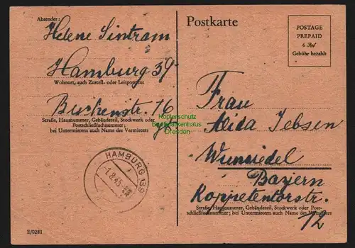 B10306 BAZ Notganzsache Hamburg 1.8.1945 nach Wunsiedel