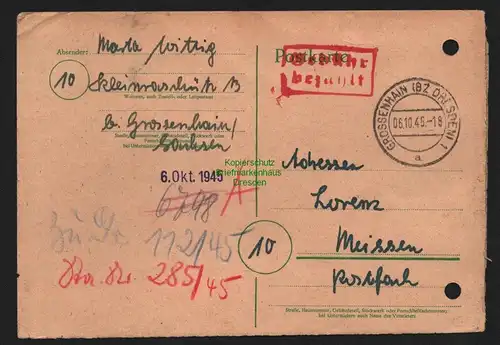 B10386 Postkarte SBZ Gebühr bezahlt 1945 Grossenhain Bz. Dresden nach Meissen