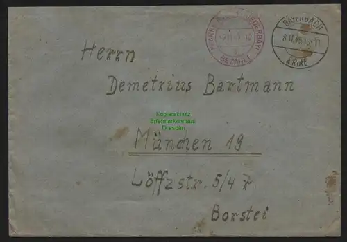 B10353 Brief BAZ Gebühr bezahlt 1945 Bayerbach a. Rott Pfarrkirchen nach München