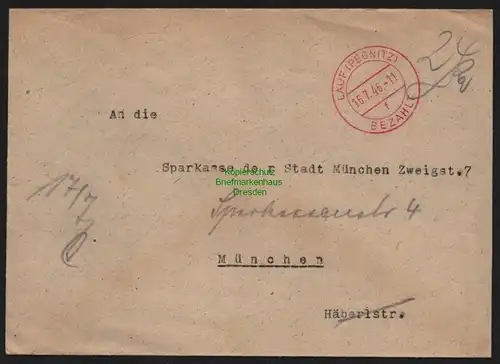 B10356 Brief BAZ Gebühr bezahlt 1946 Lauf (Pegnitz) an Sparkasse München