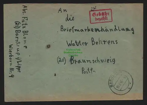 B10388 Brief BAZ Gebühr bezahlt 1946 Barntrup nach Braunschweig