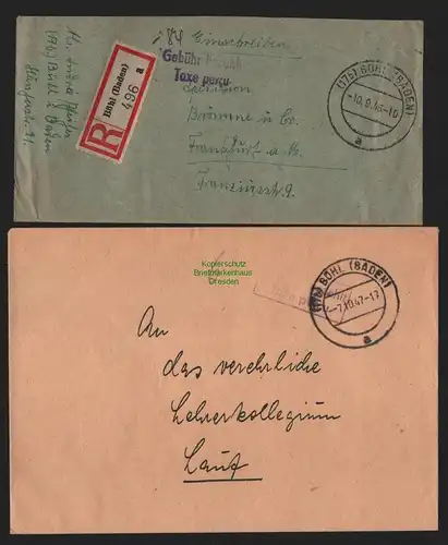 B10447 2x Brief franz Zone Gebühr bezahlt 1946 Bühl Baden Einschreiben Frankfurt