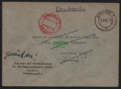 B10352 Brief BAZ Gebühr bezahlt 1946 Aachen nach Stolberg Rhld. Handelskammer
