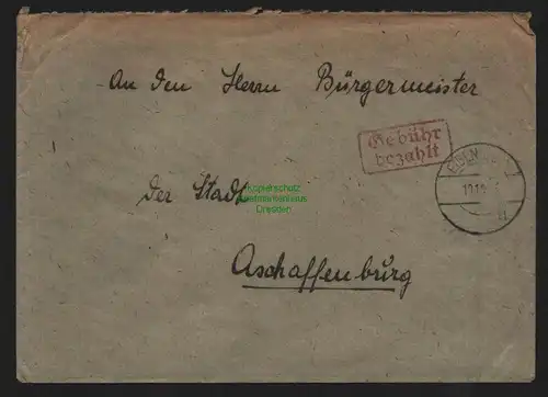 B10378 Brief SBZ Gebühr bezahlt 1945 Eibenstock nach Aschaffenburg