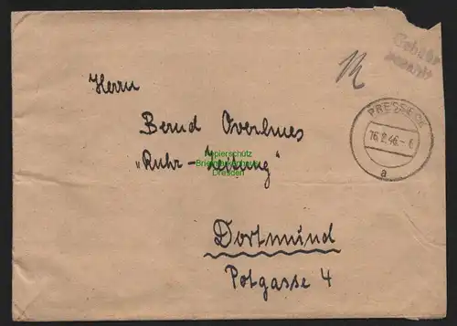 B10414 Brief BAZ Gebühr bezahlt 1946 Presseck nach Dortmund