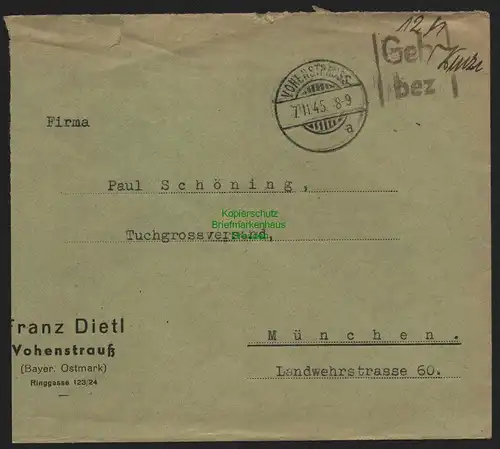 B10421 Brief BAZ Gebühr bezahlt 1945 Vohenstrauß bayr. Ostmark nach München