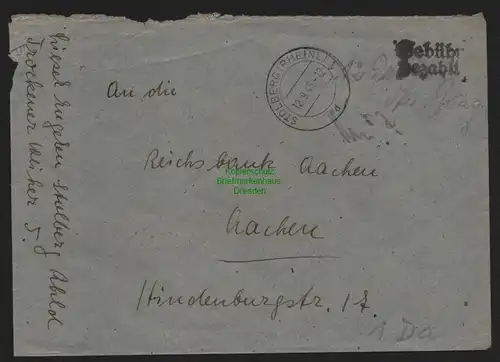 B10419 Brief BAZ Gebühr bezahlt 1945 Stolberg Rheinland nach Aachen