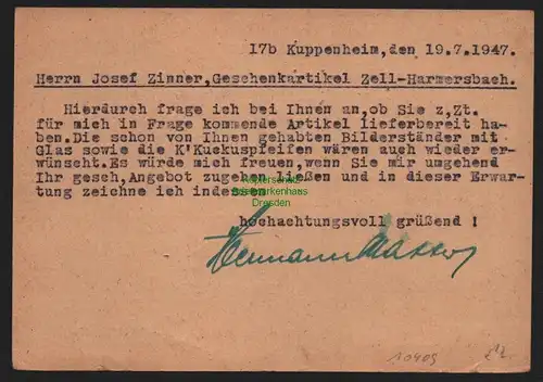 B10409 Postkarte BAZ Gebühr bezahlt 1947 Kuppenheim Murgtal n. Zell Harmersbach