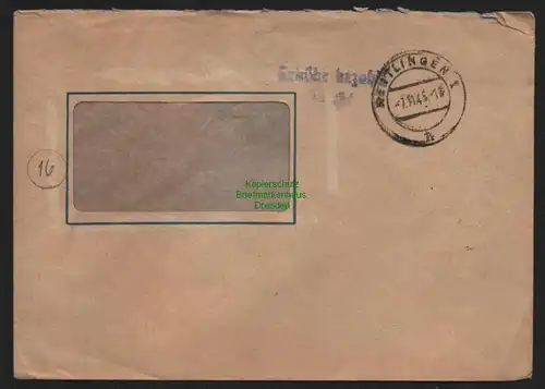 B10438 Brief BAZ Gebühr bezahlt 1945 Reutlingen