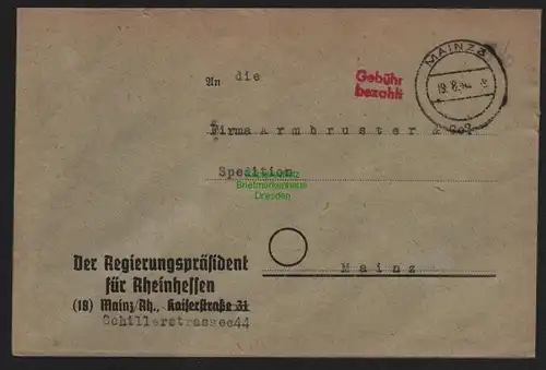 B10410 Brief BAZ Gebühr bezahlt 1946 Mainz D Regierungspräsident für Rheinhessen