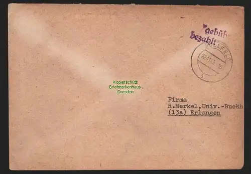 B10429 Brief BAZ Gebühr bezahlt 1945 Hollfeld Kr. Bayreuth nach Erlangen