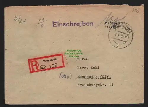B10423 Brief BAZ Gebühr bezahlt 1946 Wunsiedel Einschreiben nach Münchberg Ofr.