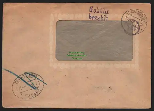 B10415 Brief BAZ Gebühr bezahlt 1946 Röhrnbach Passau doppelt verwendeter