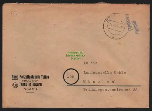 B10431 Brief BAZ Gebühr bezahlt 1946 Porzellanfabrik Tettau in Bayern n. München