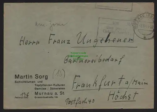 B10448 Brief BAZ Gebühr bezahlt 1945 Taxe percue Murnau nach Frankfurt