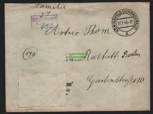 B10460 Brief BAZ Gebühr bezahlt 1946 Königsfeld Schwarzwald nach Rastatt