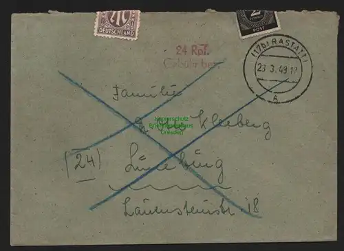 B10437 Brief franz. Zone Gebühr bezahlt 1948 Rastatt nach Lüneburg