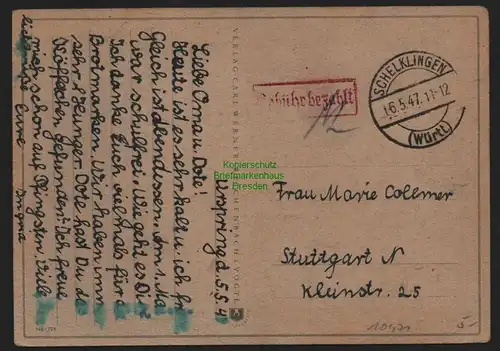 B10471 Brief BAZ Gebühr bezahlt 1947 Schelklingen Württ. Nach Stuttgart
