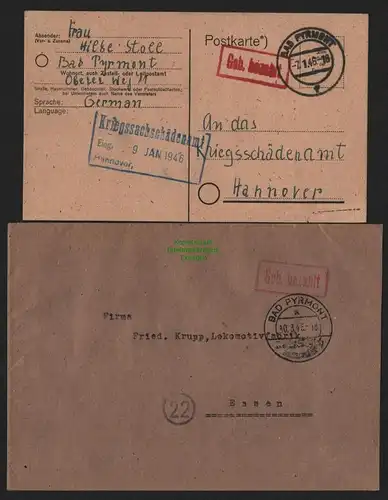 B10499 Brief Postkarte BAZ Gebühr bezahlt 1946 Bad Pyrmont nach Hannover