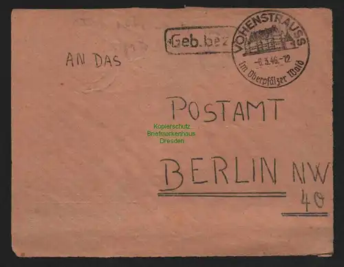 B10500 Briefvorderseite  BAZ Gebühr bezahlt 1946 Vohenstrauss nach Berlin