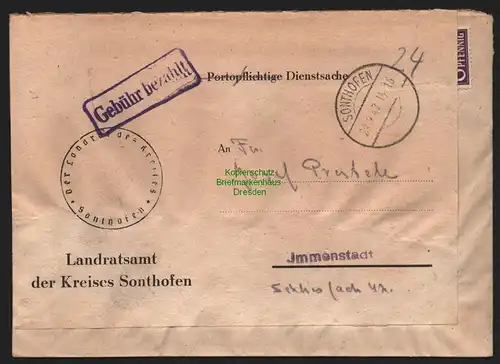 B10479 Brief BAZ Gebühr bezahlt 1947 Landratsamt Sonthofen nach Immenstadt
