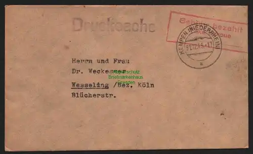 B10502 Brief BAZ Gebühr bezahlt Kempen Niederrhein 1945 nach Wesseling