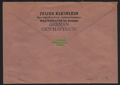 B10492 Brief BAZ Gebühr bezahlt 1946 Waltenhofen nach München