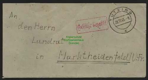 B10483 Brief BAZ Gebühr bezahlt 1945 Tutzing nach Marktheidenfeld