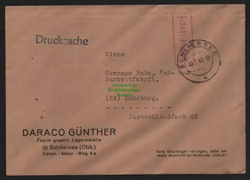B10473 Brief BAZ Gebühr bezahlt 1948 Schliersee Drucksache nach Lüneburg