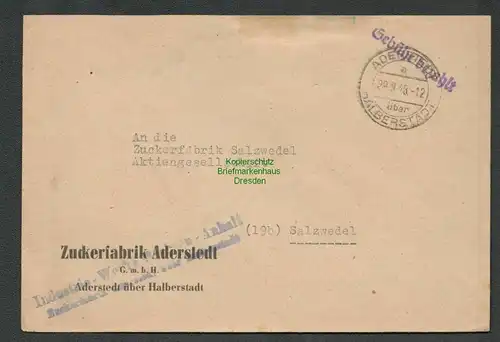 B-5562 SBZ Gebühr Bezahlt Brief Aderstedt über Halberstadt 1948 Zuckerfabrik