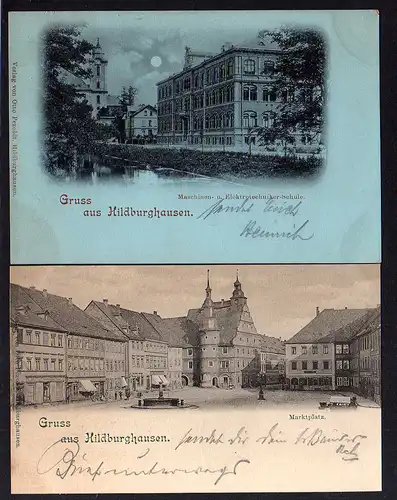 98948 2 AK Hildburghausen Marktplatz um 1900 Maschinen Elektrotechniker Schule