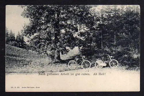 92808 AK Fahrrad All Heil um 1900 nach getaner Arbeit ist gut ruhen ! Humor