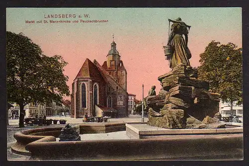 83217 AK Landsberg an der Warthe 1908 Markt St. Marienkirche Pauckschbrunnen