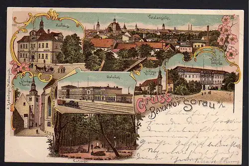 81572 AK Sorau Litho Bahnhof 1899 Schloss Glockenturm Euterpe