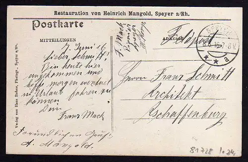 81728 AK Speyer Restauration Heinrich Mangold 1916 Feldpost