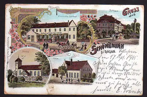 81613 AK Schönbrunn bei Sagan 1905 Zagan Gasthof Litho Schloss Schule Kirche